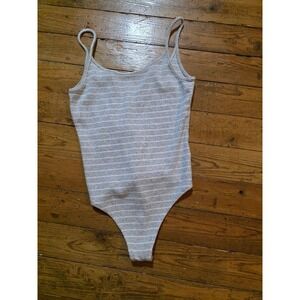 Express One Eleven Womens Grey‎ White Striped Ribbed Spaghetti Strap Bodysuit S